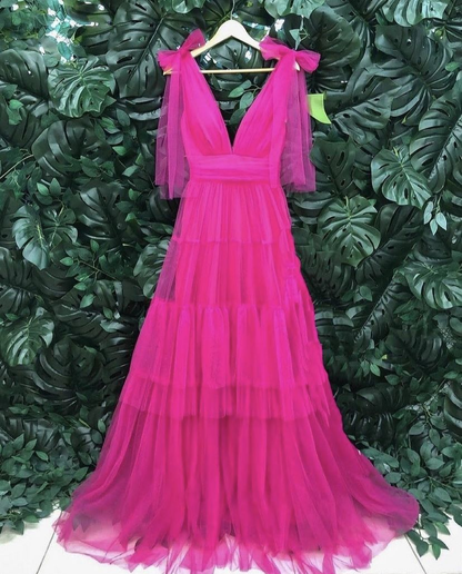 Charming A-line Hot Pink Tulle Long Formal Dress,V Neck Prom Dress  Y1882