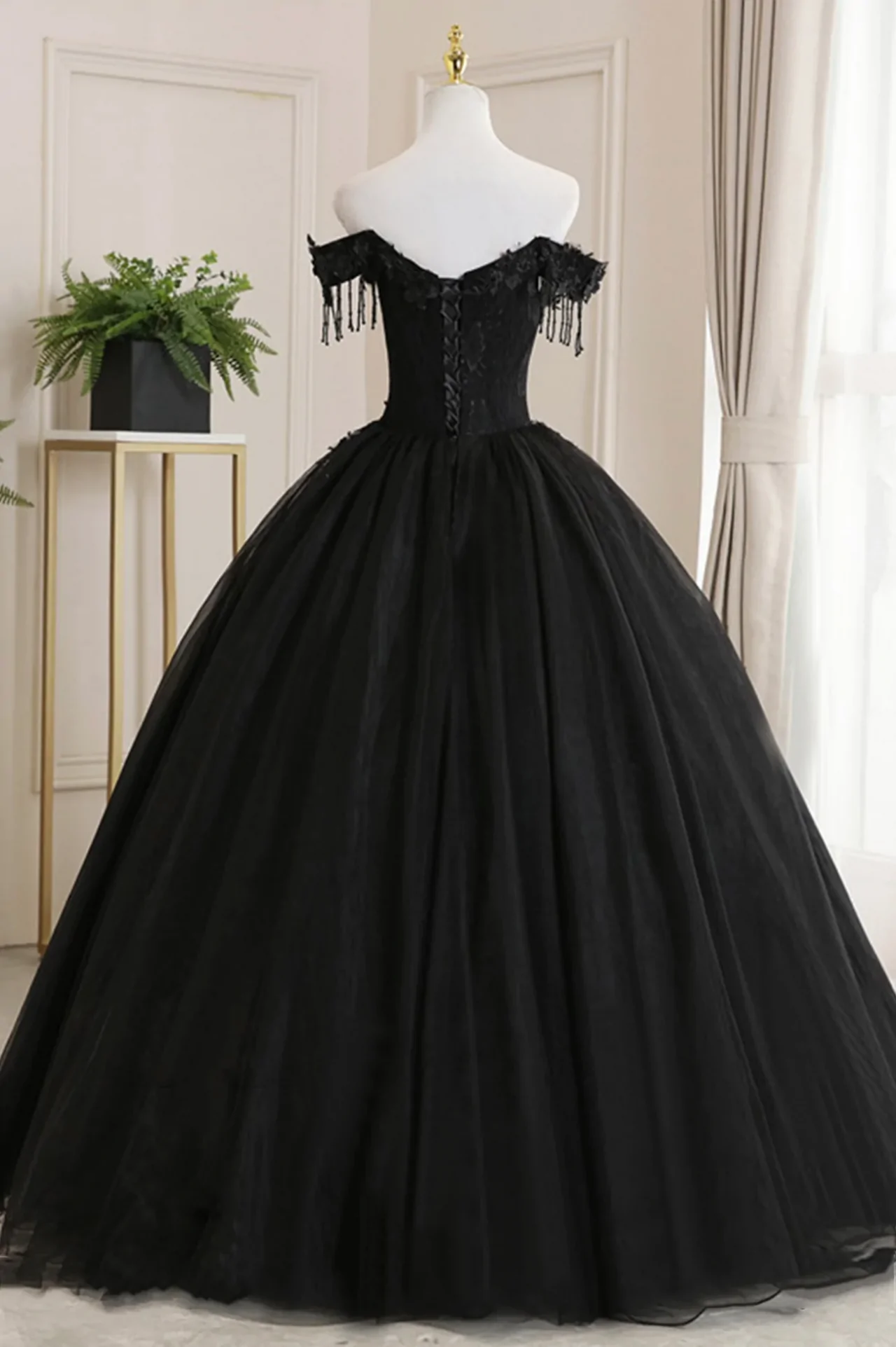 Black Off Shoulder Tulle Ball Gown With Lace Sweet 16 Dress, Black Long Evening Dress Y1143