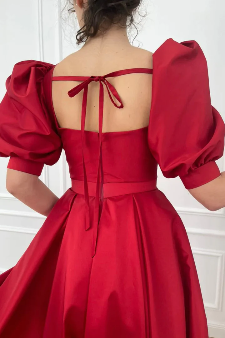 Red satin tea length prom dress Y238