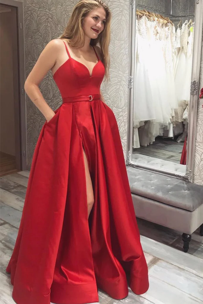 Simple V Neck Red Satin Long Prom Dress with High Slit, V Neck Red Formal Graduation Evening Dress Y220