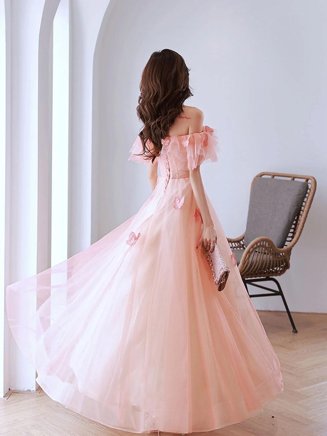 Pink Off Shoulder Tulle Long Prom Dress, Pink Tulle Formal Dress Y584