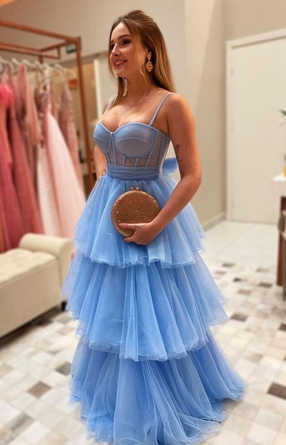 A-line Spaghetti Straps Blue Tulle Layered Prom Dress Blue Graduation Dress Charming Evening Dress Y453