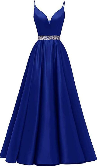 A-line Royal Blue Satin Prom Dress With Waist Beads Y769