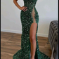 Green Evening Dresses Long Luxury Glitter Sleeveless Mermaid Evening Gowns Sexy Side Slit Prom Dress Y1899