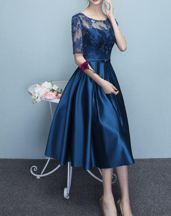 Blue Short Sleeves Tea Length Prom Dress, Blue Bridesmaid Dresses, Wedding Party Dresses Y1323