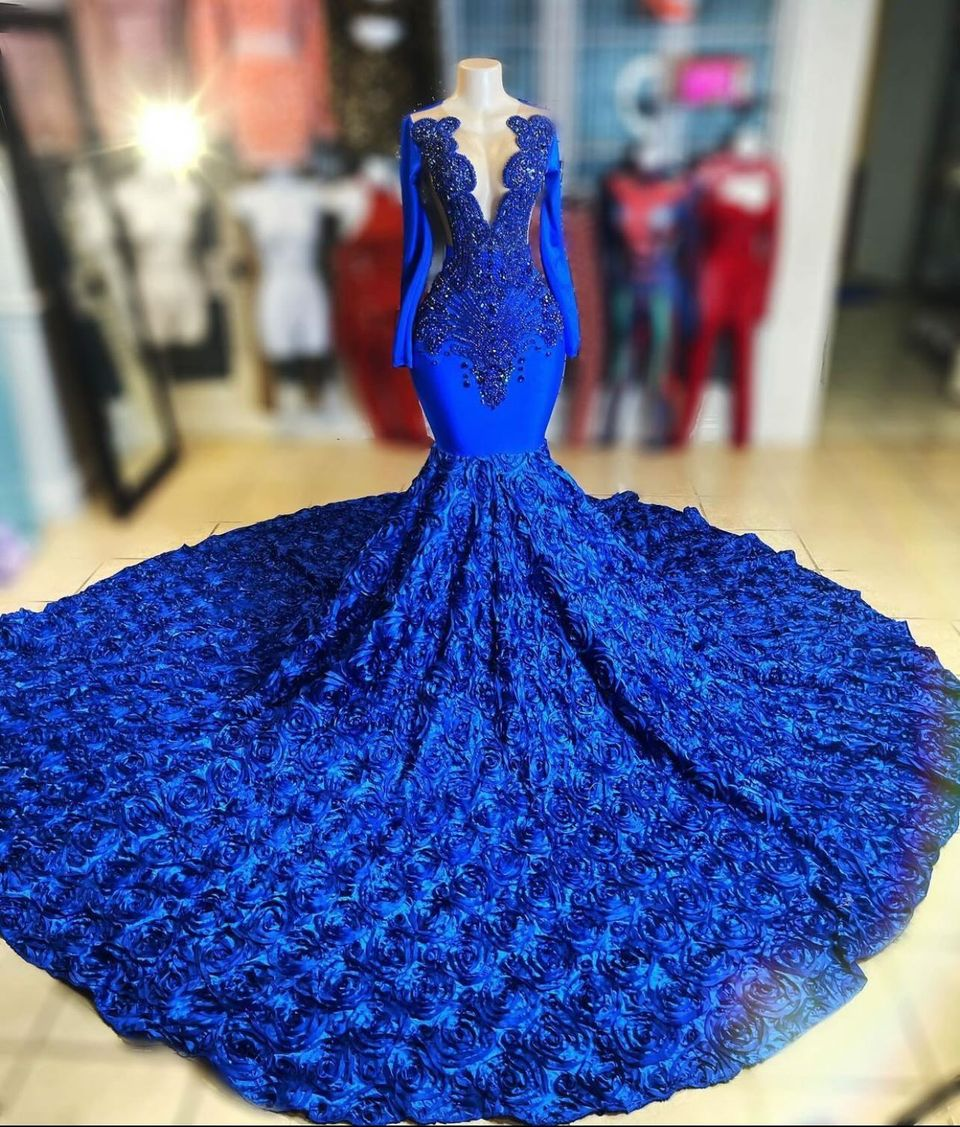 Royal Blue V-Neck Long Sleeve Mermaid Prom Dress Flowers Bottom Y1372