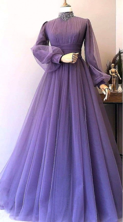 robe longue high neck vintage prom dresses long sleeve muslim beaded lace tulle elegant purple prom gown  Y1207