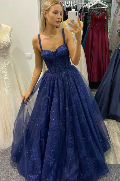 Blue Tulle Floor Length Prom Dress, A-Line Blue Evening Dress Y1392