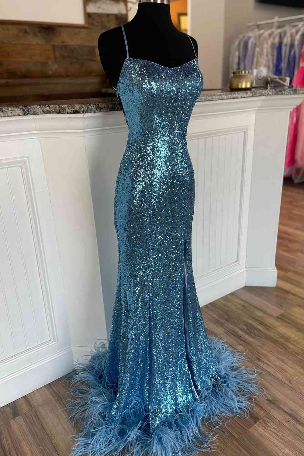 Long Sequined Blue Straps Prom Dress with Feather Hem Y340