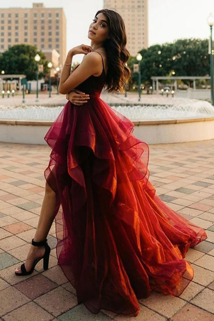 High Low Burgundy Tulle Long Prom Dress, Wine Red High Low Formal Evening Dress Y1521