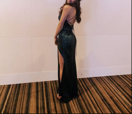 Sparkly Mermaid Spaghetti Straps Dark Green Sequins Long Prom Dresses With Split Formal Evening Gowns Y1460
