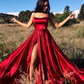 Red Satin Long Prom Gown,Front Slit Evening Dresses,Floor Length Prom Dresses Y516