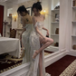 Shiny High Slit Women Formal Evening Dress,Off The Shoulder Prom Gown Y1523