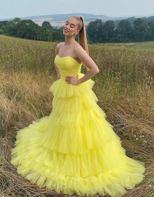 Yellow Long Sweetheart Tulle Princess Prom Dresses Y1883
