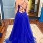 V Neck Backless Blue Tulle Long Prom Dress with High Slit, Backless Blue Formal Graduation Evening Dress Y218