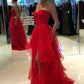 Sweetheart Backless Red Evening Dresses Tulle Ruffled Y1237