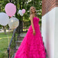 Straps Hot Pink Tiered Layers Long Formal Gown,Charming Hot Pink Sleeveless Prom Dress Y1239