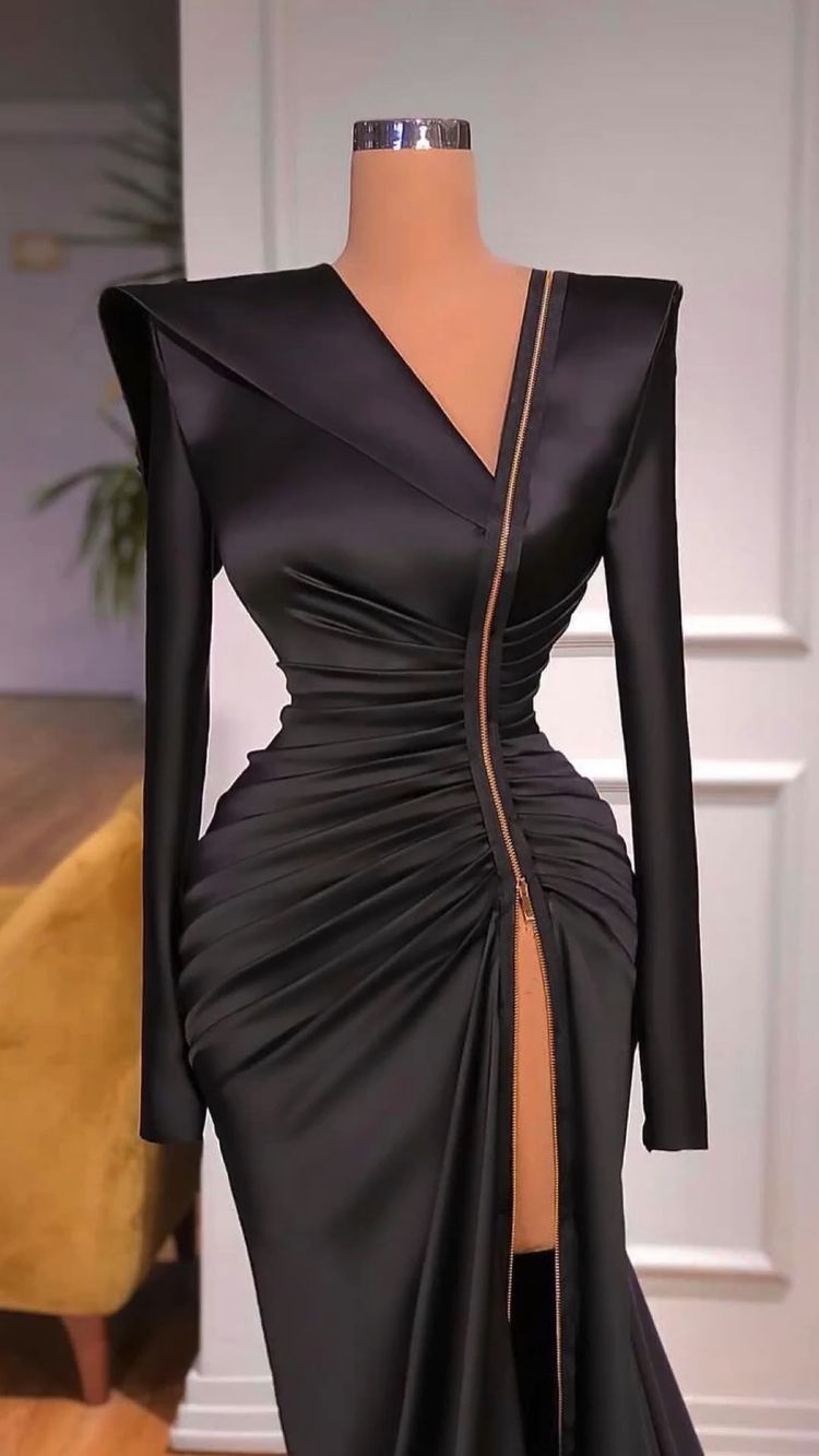 Glamorous Black Satin Long Prom Dress Waist Pleats,Stunning Black Prom Dress With Zipper Y734