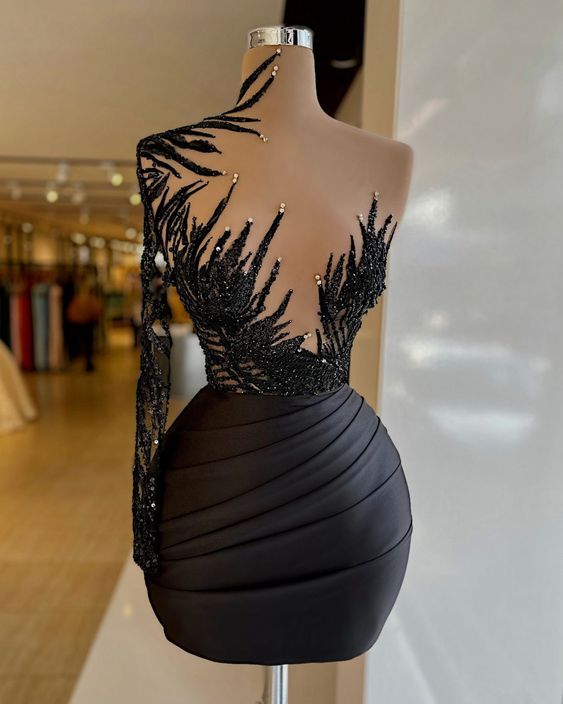 Black Short Evening Dress, Cocktail Party Dress, Beaded Evening Dress, Formal Homecoming Dresses Y23