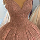 Blush Pink Lace Beaded Quinceanera Dresses Deep V-neck Satin Ball Gown Y1086