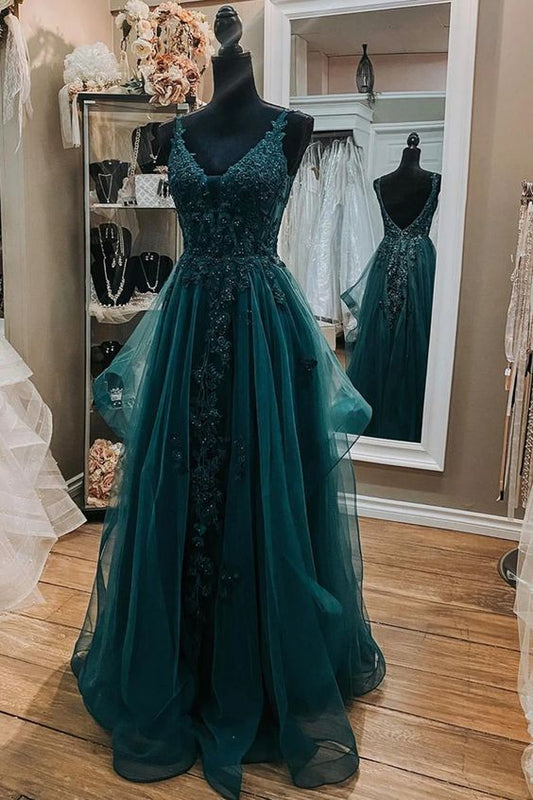 V Neck Open Back Dark Green Lace Beaded Long Prom Dresses, Dark Green Lace Formal Dresses Y1511