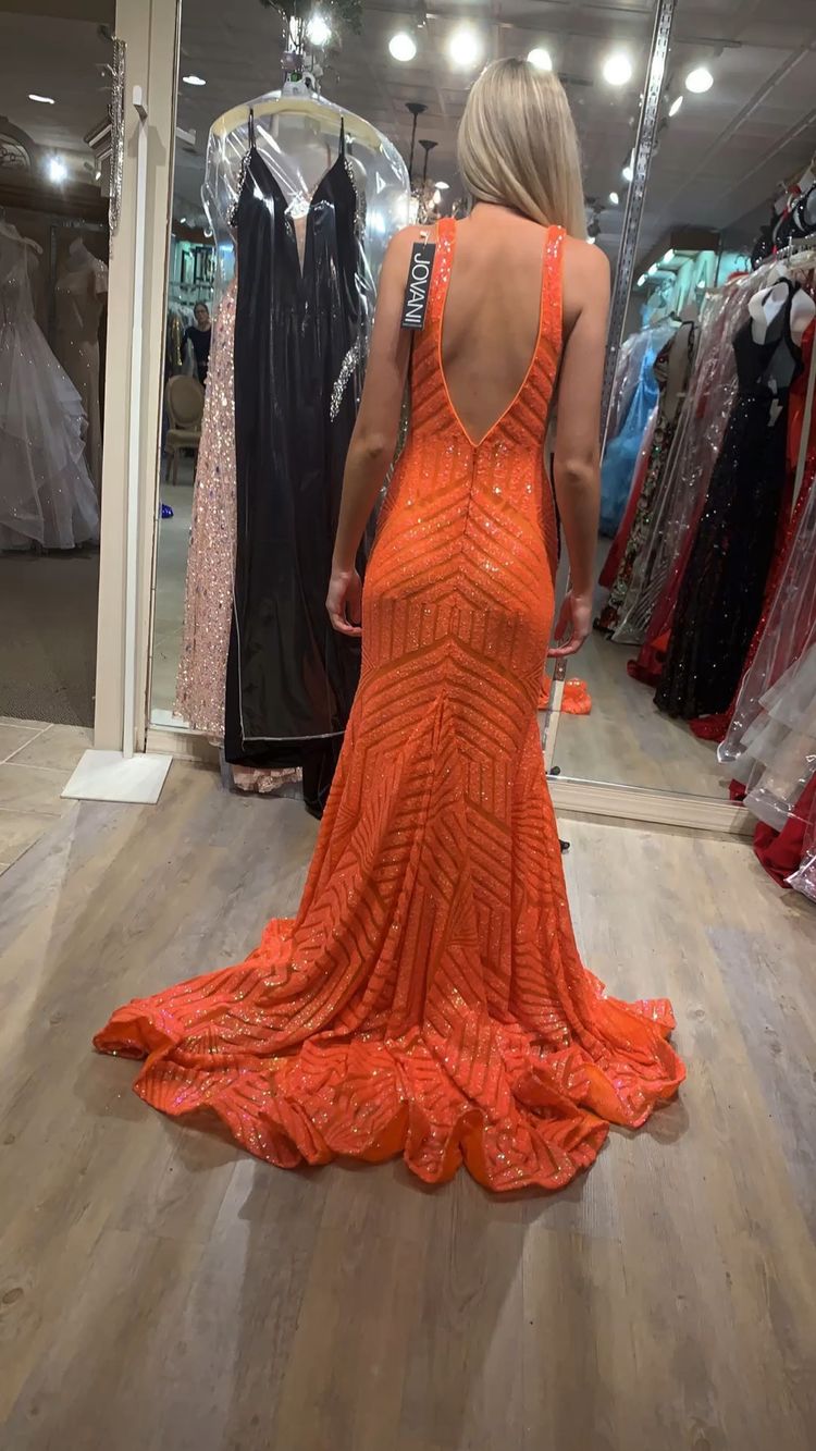 Sexy Sparkly Mermaid V Neck Sequins Long Prom Dresses, Orange Evening Dresses Y1397