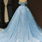 Blue lace applique elegant off the shoulder ball gown Y1578