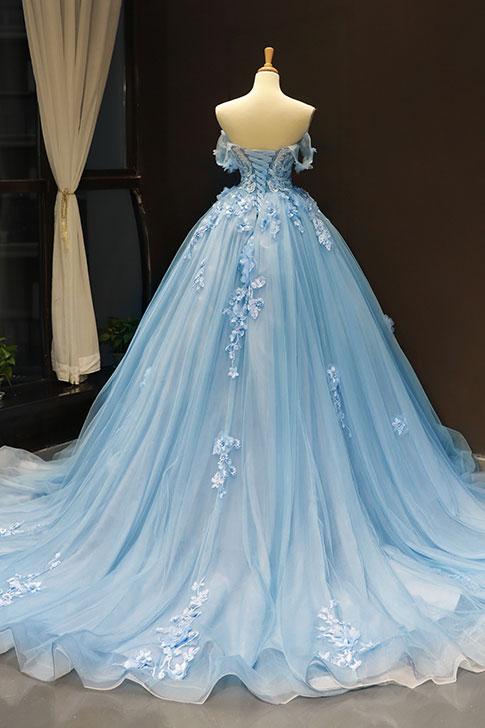 Blue lace applique elegant off the shoulder ball gown Y1578