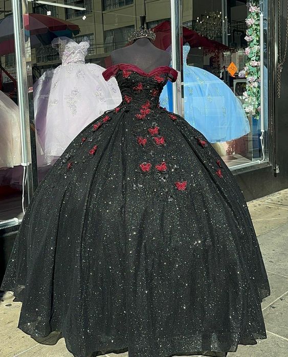 Glitter Black With Burgundy Butterflies Quinceanera Dress Sweet 16 Dress Ball Gown Y1415