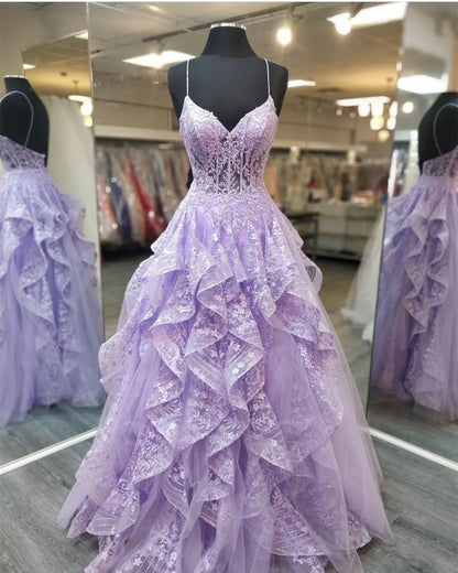 Spaghetti Straps Lilac Prom Dresses Evening Gowns with Sheer Bodice Y1513