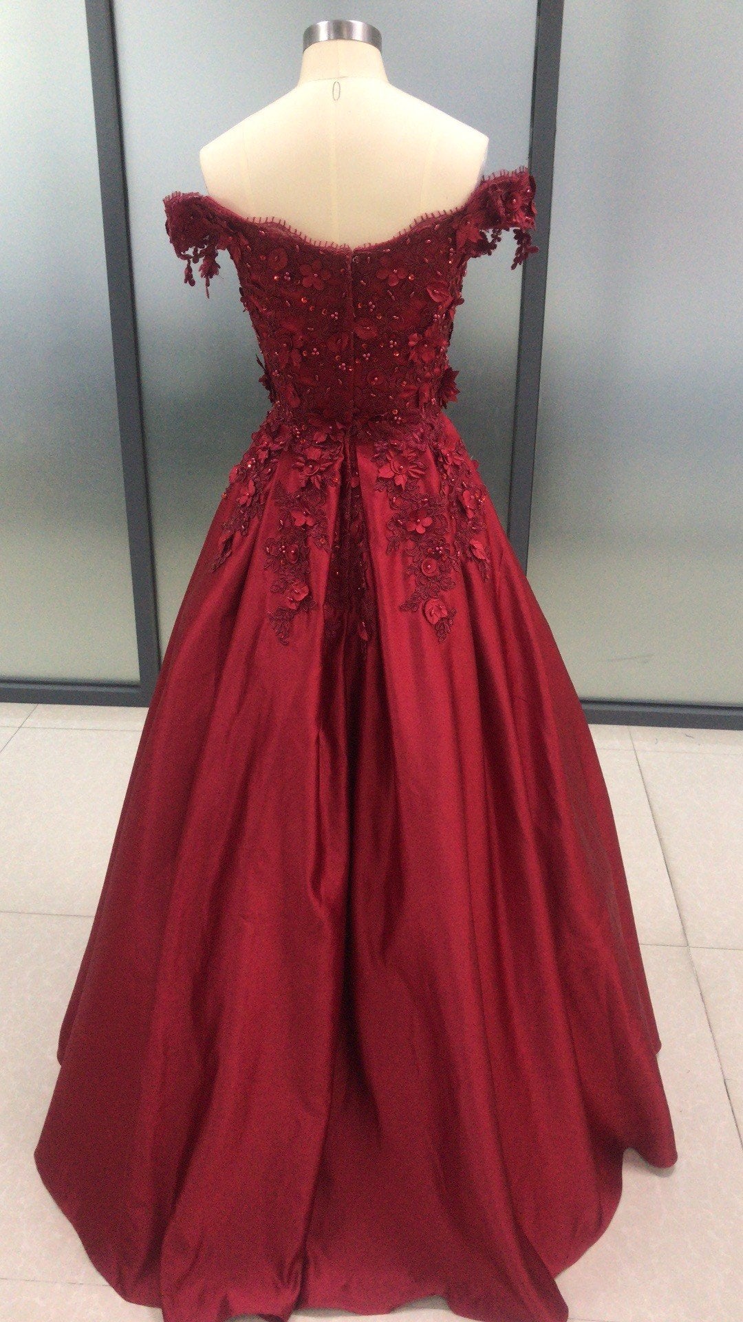 Dark Red Satin Off Shoulder Lace Applique Floor Length Prom Dress, Wedding Guest Formal Gowns, Off shoulder Party Dress,Custom Made Y1572