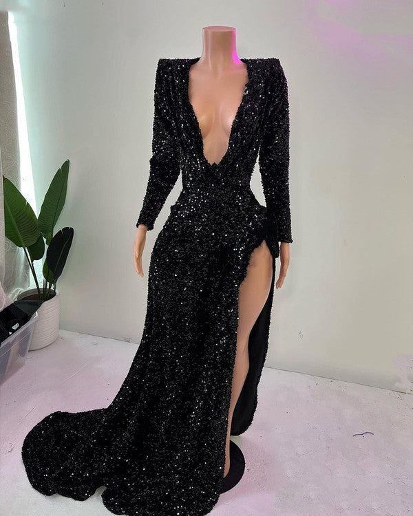 Sexy Black Sequin Mermaid Long Prom Dresses African Girl V-neck With Long Sleeves High Slit Party Dress Y1484