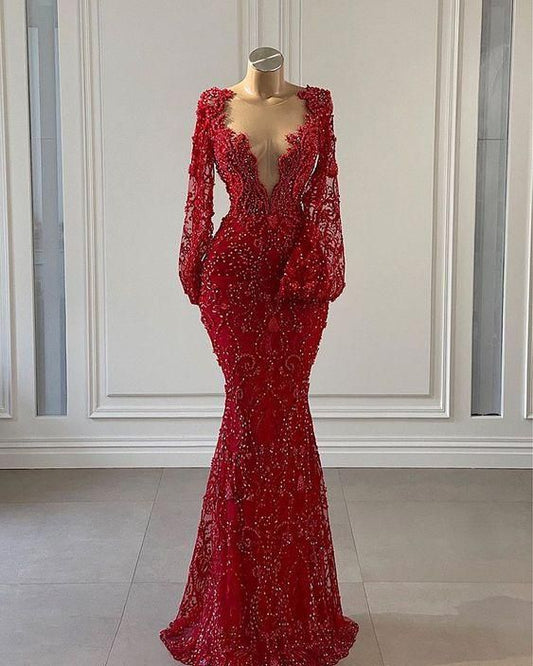Red Prom Dress long Prom Dresses Long Sleeve Lace Mermaid Evening Gowns Y69