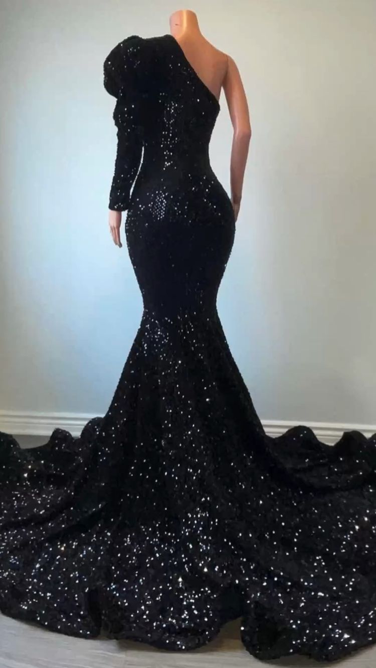 Black Sequins Long Prom Dress One Puffy Sleeve Mermaid Evening Dress Y15