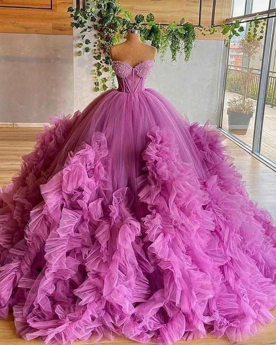 Sweetheart Purple Beading Bodice Tulle Ruffle Pleated Ball Gown Y86