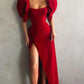 Fall Elegant Red Square Neck Puff Sleeve High Split Evening Dress  Y93