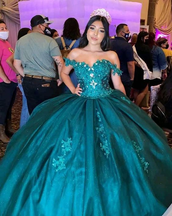 Off The Shoulder Green Tulle Ball Gown Green Quinceanera Dress Y290