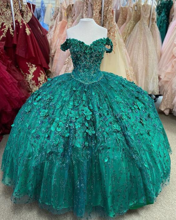 Emerald Green Hand Beaded Flower Ball Gown Quinceanera Dress Off Shoulder Sweetheart Gown Y293