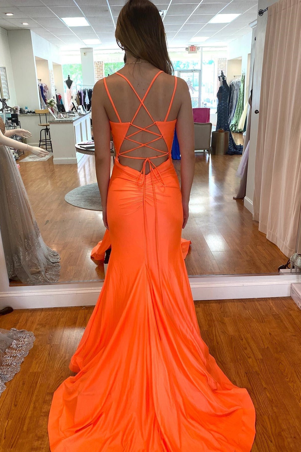 Orange Mermaid Long Prom Dresses Formal Evening Gowns Y486