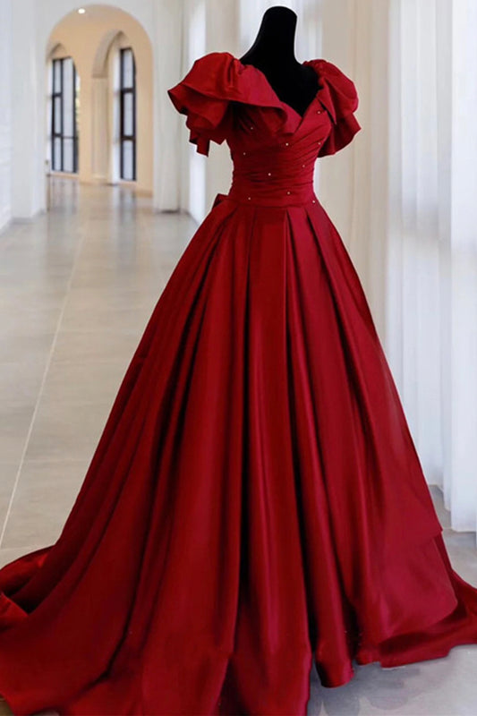 Burgundy satin long A line prom dress evening dress Y518