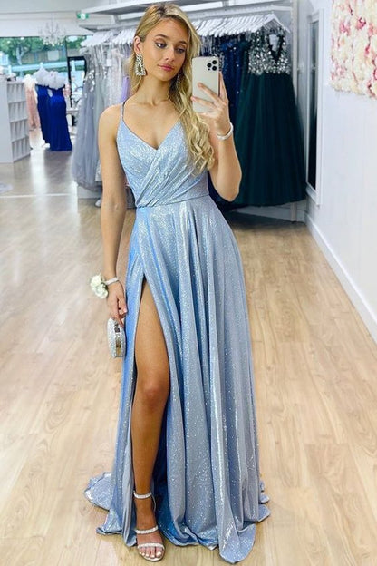 sparkle v-neck blue long prom dress with slit Y481
