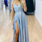 sparkle v-neck blue long prom dress with slit Y481
