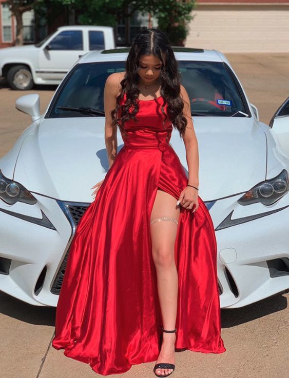 Red Satin Long Prom Gown,Front Slit Evening Dresses,Floor Length Prom Dresses Y516
