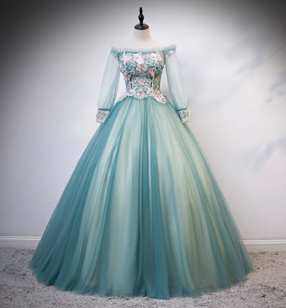 Green tulle lace long ball gown dress formal dress s107