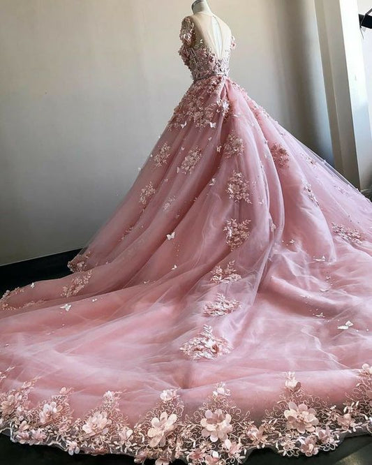 Pink 3D Flowers With Court Train,Pink Ball Gown  Wedding Dress Bridal Gown Y1406