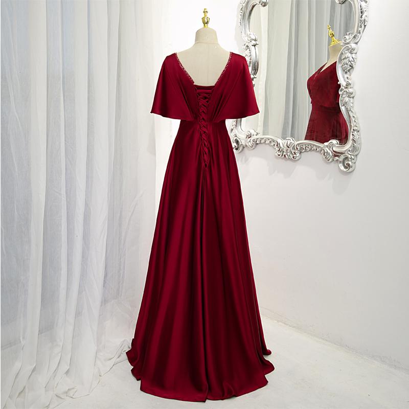 Dark Red Satin A-line Floor Length Evening Dress, Wedding Guest Dresses Y1439