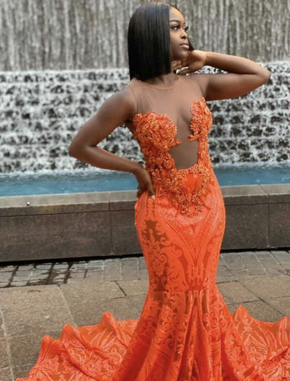 Orange Sequins Mermaid Prom Dresses Black Girl African Girl Prom Gowns Evening Formal Dresses Y1380