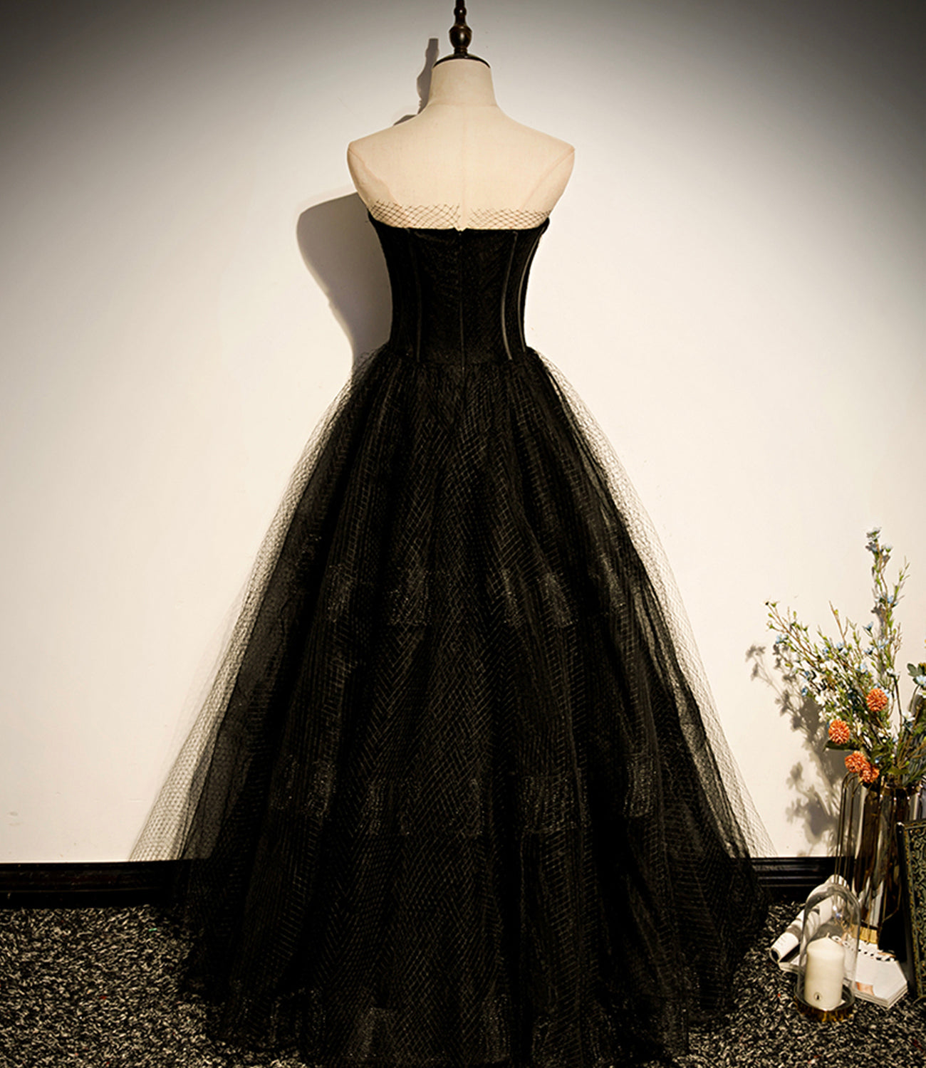 Black tulle long A line prom dress black evening dress s68