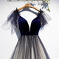 Blue v neck velvet top tulle short homecoming dress s98