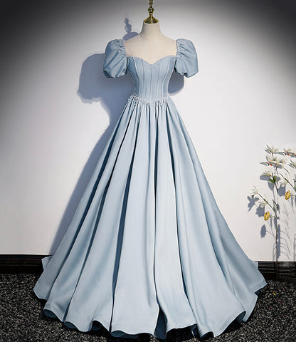 Blue satin pearl long prom dress blue evening dress s52